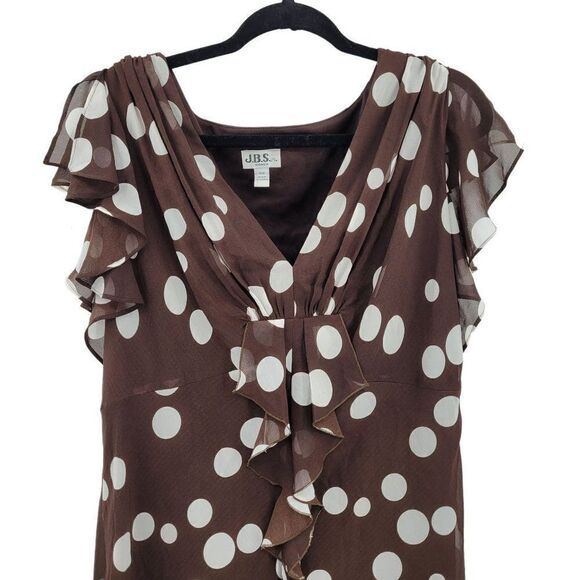 Vtg 80's Womens Dress Midi Pretty Woman Polka Dot Sheer Flutter Sleeve Brown 16 - Picture 5 of 9